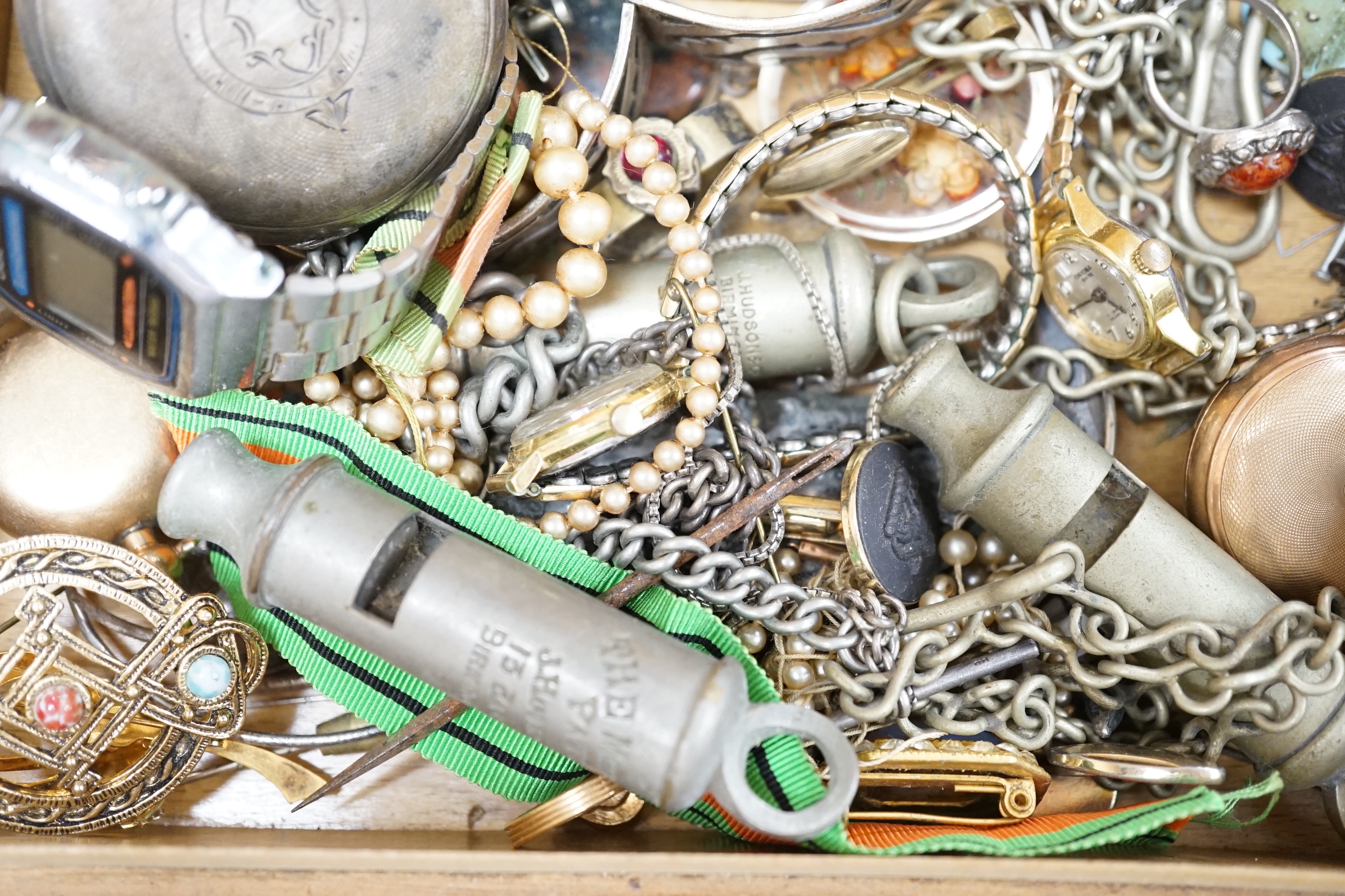 A heavy 925 curb link bracelet, a silver pocket watch by Graves of Sheffield, a gold plated sovereign case and other sundry jewellery etc. including costume and two whistles.